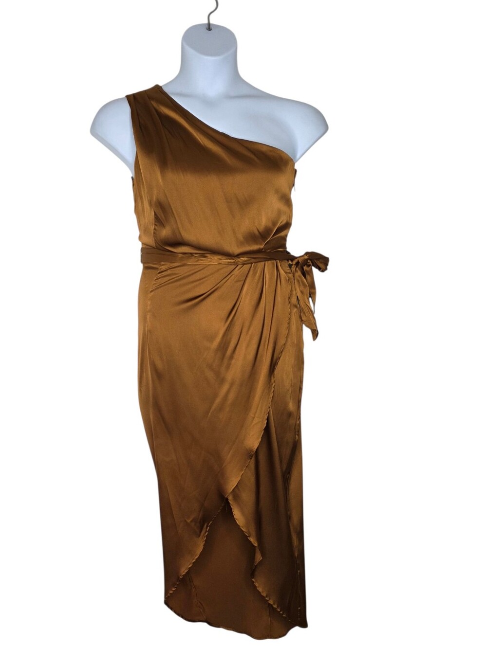 Baltic Born Celia One Shoulder Midi Dress Size M Bronze Satiny Belt Glam NEW - Picture 2 of 12